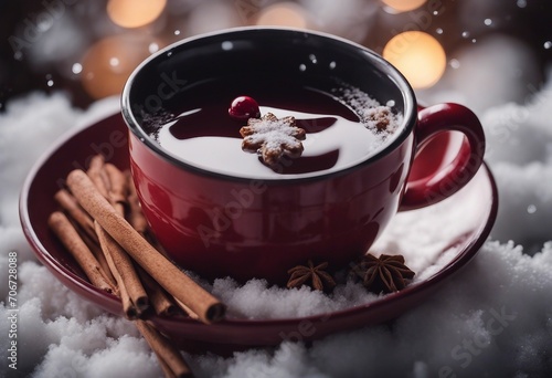 Cup of hot red wine and spicery covered with snowflakes photo
