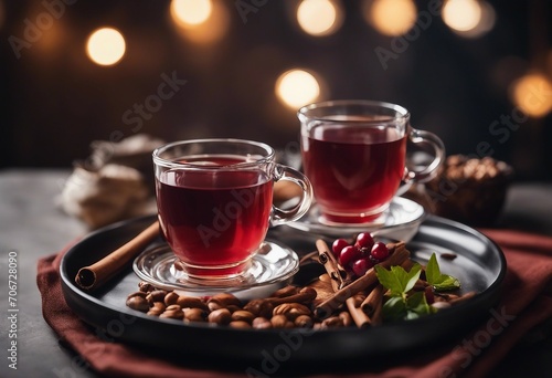 Two cups of hot red wine and spicery on the cane tray photo
