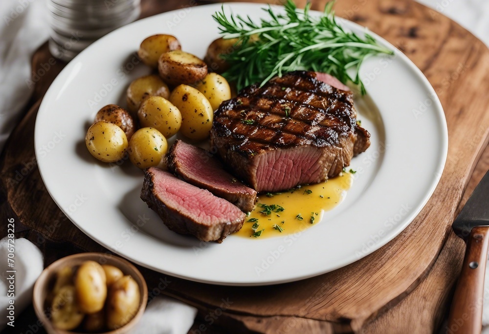 Grilled steak Ribeye with herb butter and baby potatoes on a white plate Grilled steak Ribeye with herb butter and baby potatoes on a white plate