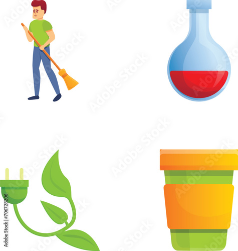 Ecology icons set cartoon vector. Man with broom, plant and laboratory flask. Caring for environment