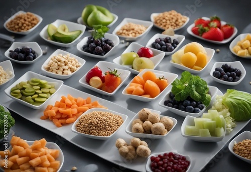 Healthy food clean eating selection fruit vegetable seeds superfood cereals leaf vegetable on gray background