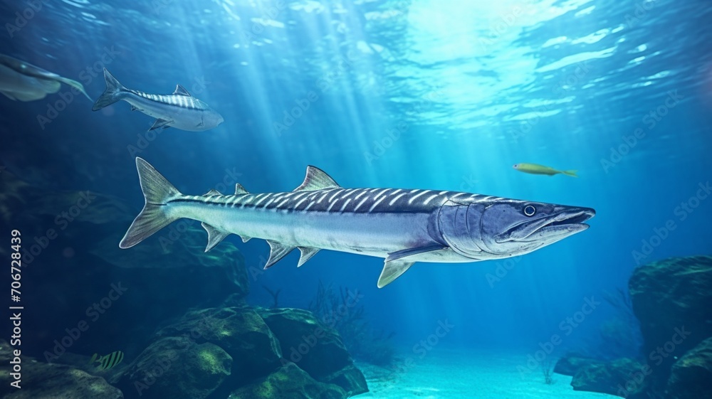 Fototapeta premium Great barracuda fish swimming underwater photography AI Generated Image