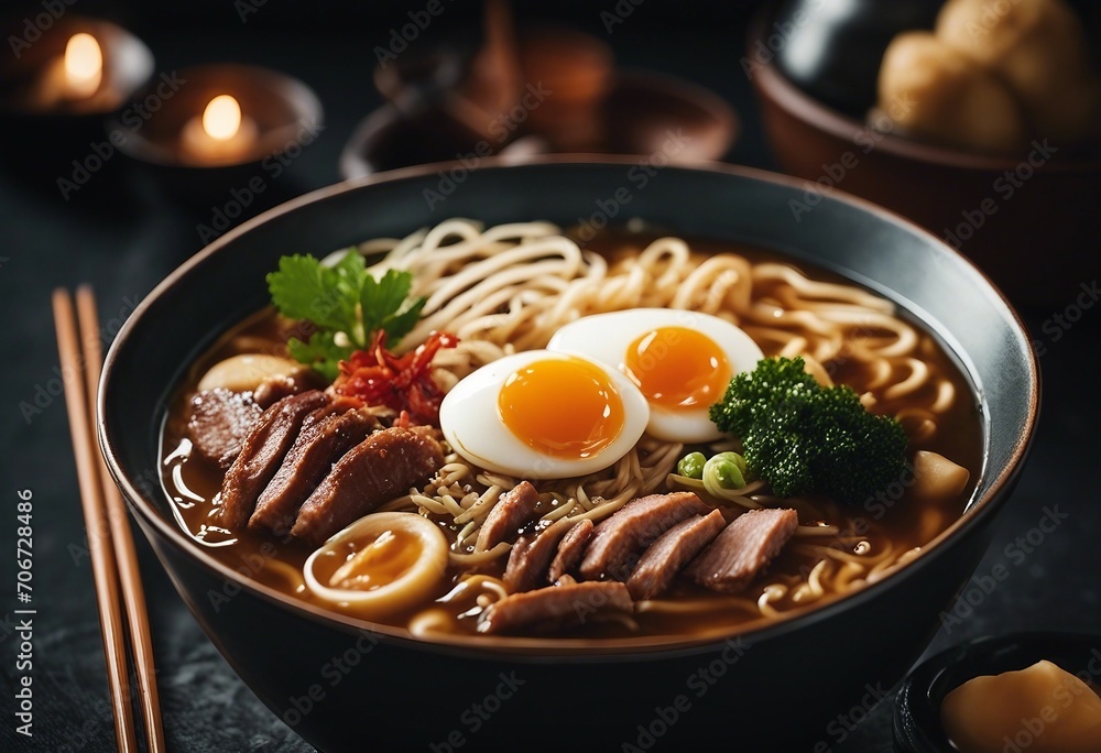Asian noodle meal in broth with meat and Ajitama pickled egg in black bowl Asian noodle meal in broth with meat and Ajitama pickled egg in black bowl