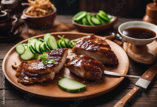 Peking Duck set served with fresh cucumber onion Hoysin sauce on wooden table