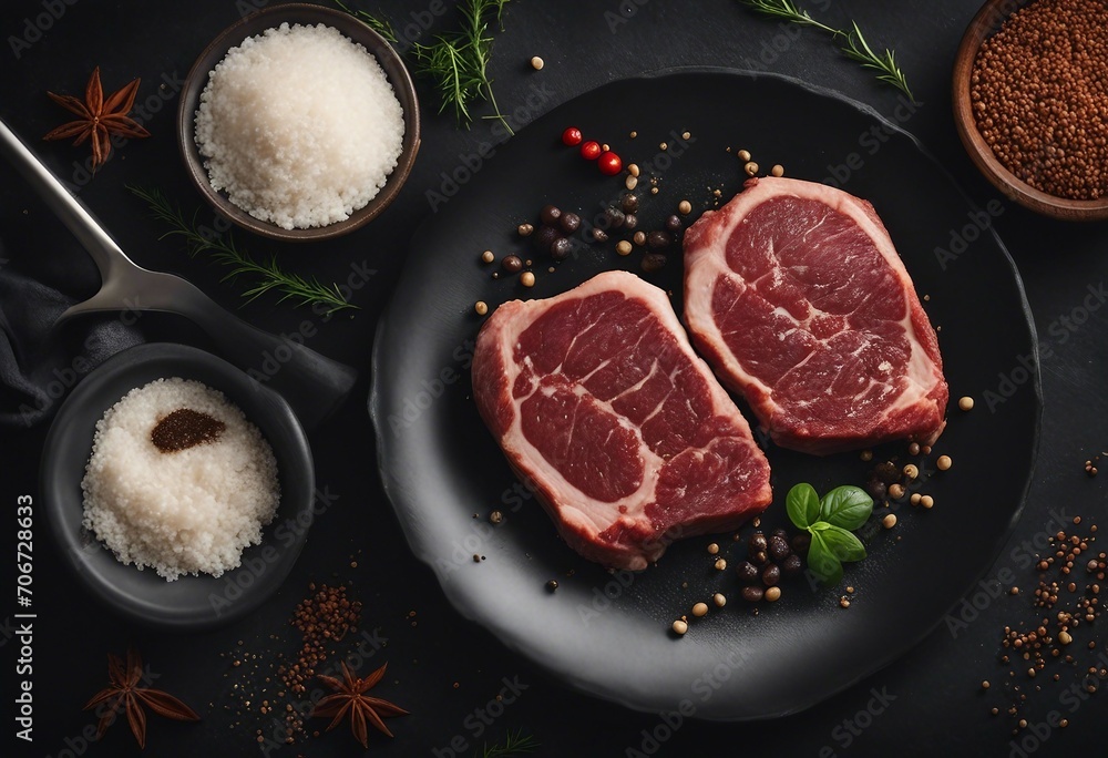 Raw fresh meat Ribeye Steak seasoning and meat fork with white rice on a dark background Raw fresh meat Ribeye Steak seasoning and meat fork with white rice on a dark background