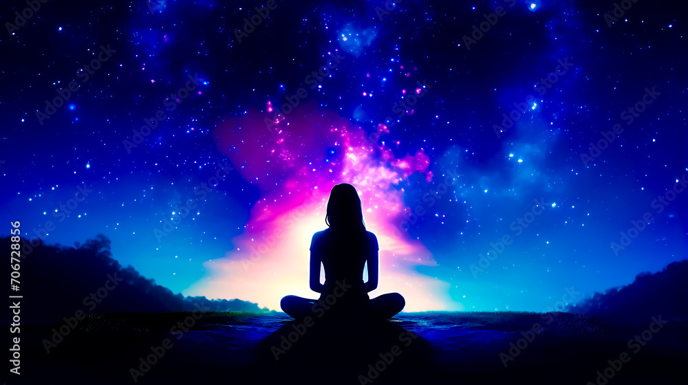 Woman sitting in the middle of body of water in front of sky filled with stars.