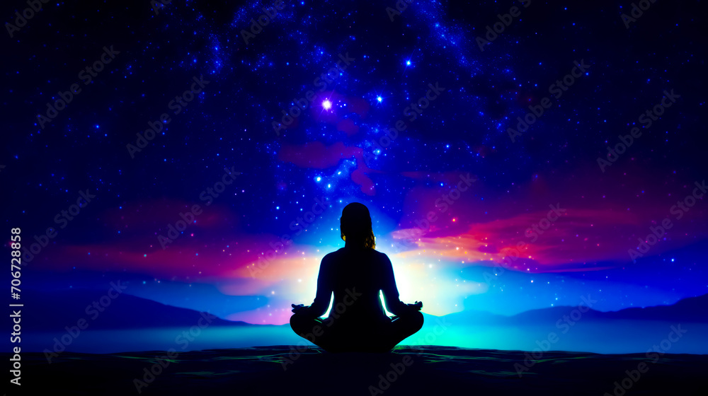 Person sitting in lotus position in front of night sky with stars.