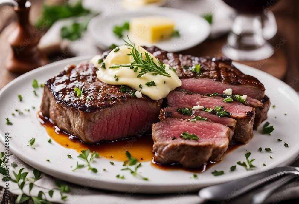 Sliced medium rare grilled Beef steak with herb butter on a white plate Sliced medium rare grilled Beef steak with herb butter on a white plate