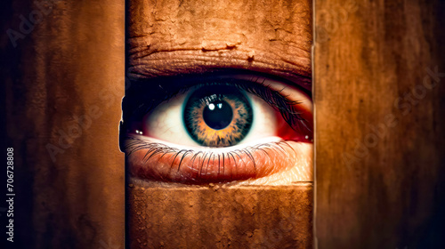 Close up of person's eye looking through wooden door.