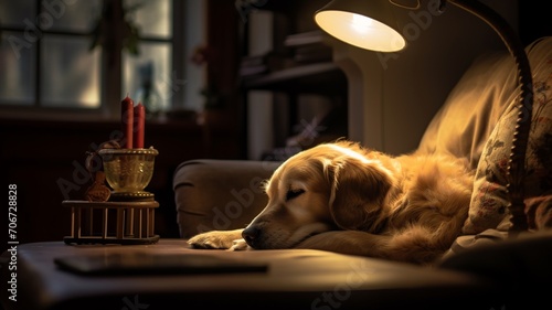 Golden retriever dog sleeping lamp light sofa amazing picture