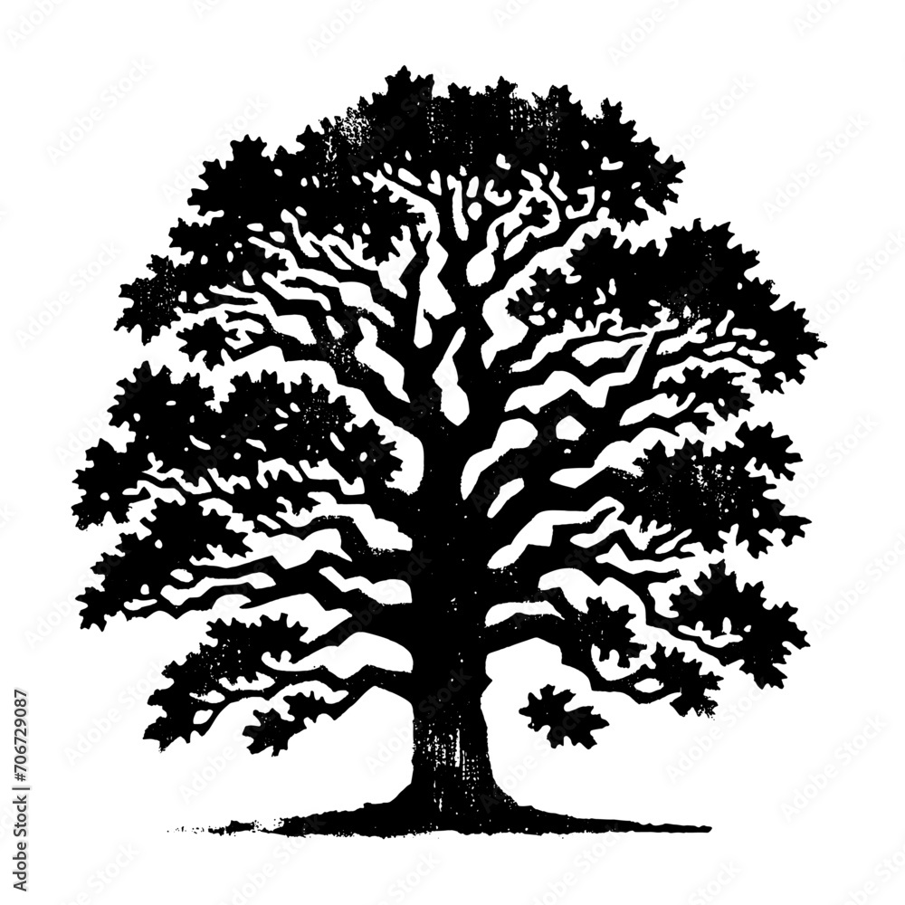 Fototapeta premium Oak tree. Vintage withered black and white block print style vector illustration.