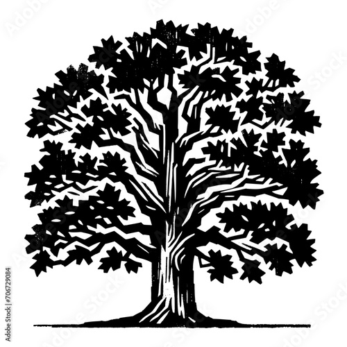 Oak tree. Vintage withered black and white block print style vector illustration.