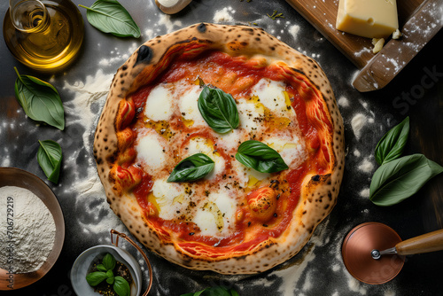 neapolitan pizza margherita with sam marzano tomatoes, fior di latte, basil, olive oil, top down view  photo