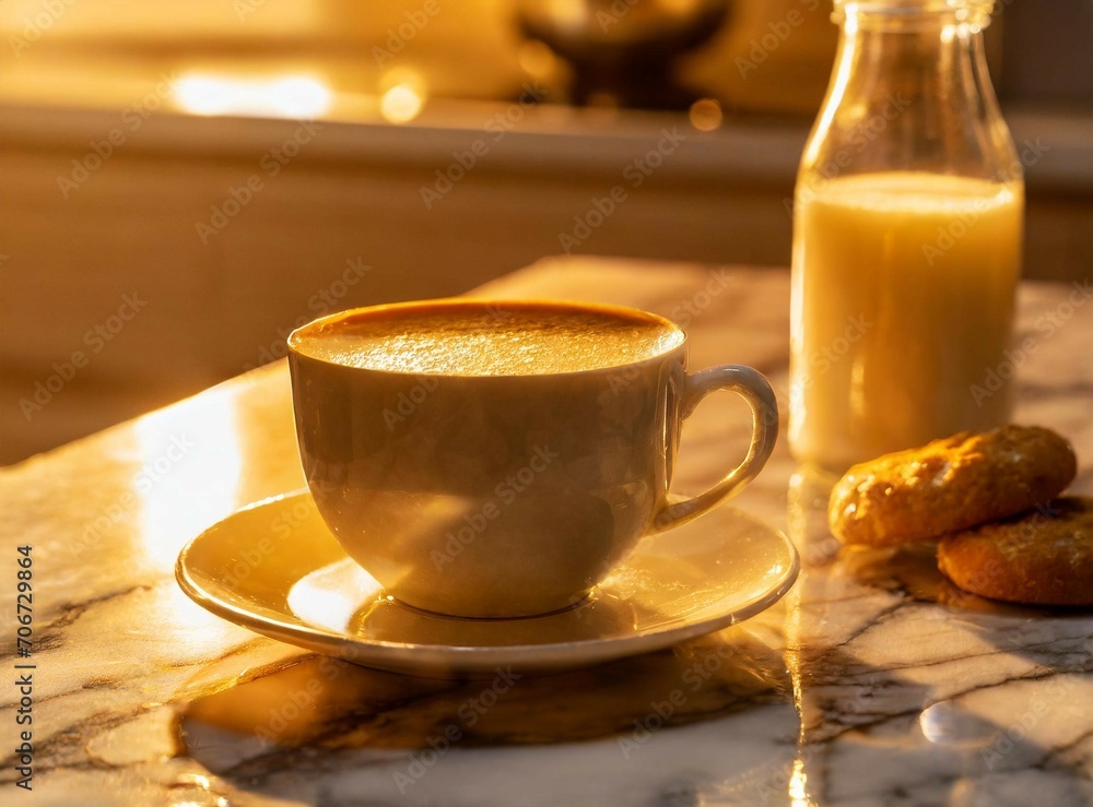 Cup of coffee next to bottle of milk and cookies on marble kitchen counter, on the morning, closeup photography Cup of coffee next to bottle of milk and cookies on marble kitchen counter, on the morning, closeup photography