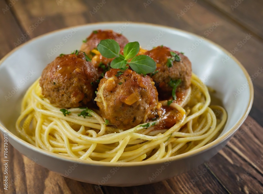 Spaghetti with meatballs served on white plate isolated on wooden table