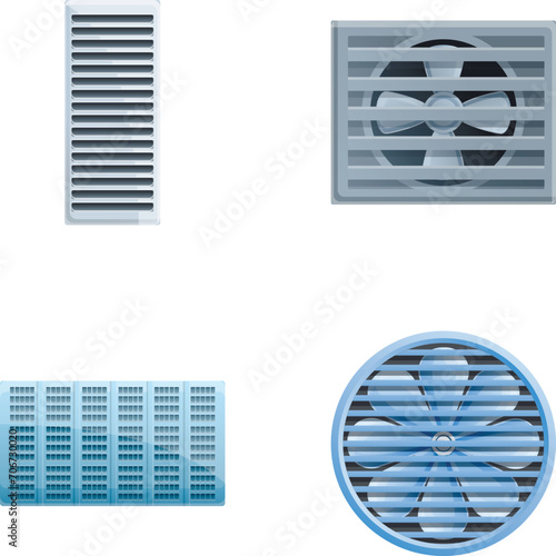 Ventilation extractor icons set cartoon vector. Wall electric extractor air fan. Ventilation equipment