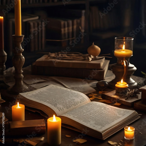 A book, burning candles, candelabra and various objects on the table in a dark medieval room. Education, knowledge concept