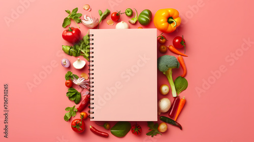 Fresh assorted vegetables and notebook on pink background. Healthy life. Still life concept.