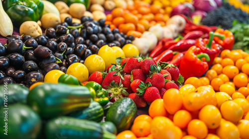 A colorful array of fresh fruits and vegetables arranged in a vibrant display