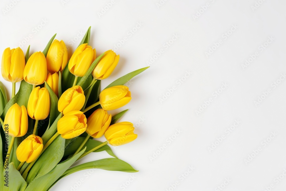 bouquet of beautiful yellow tulips on white background, flat lay and copy space - generative ai bouquet of beautiful yellow tulips on white background, flat lay and copy space - generative ai