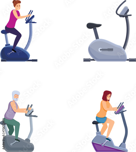 Sporty human icons set cartoon vector. People train on sport exercise bicycle. Sport and physical activity