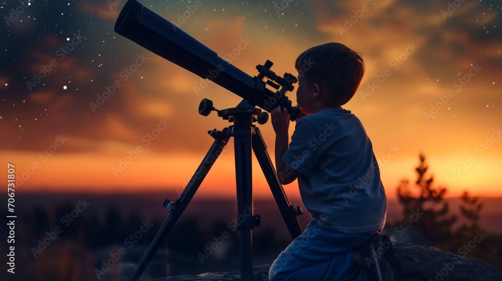 Silhouette of young little boy looking at the starry sky at night or evening through the optical telescope tripod astronomical instrument. Kid observing galaxy cosmos, stargazing, planets