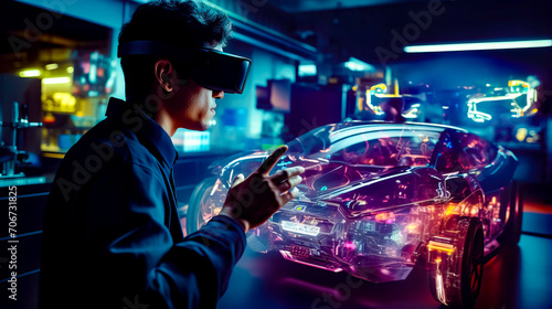 Man using virtual reality headset in front of futuristic car.