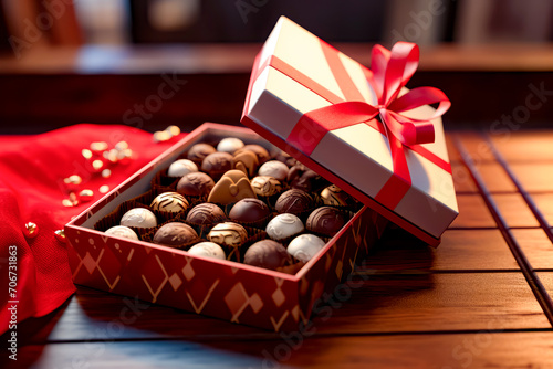 Box of chocolates sitting on table with red ribbon around it.