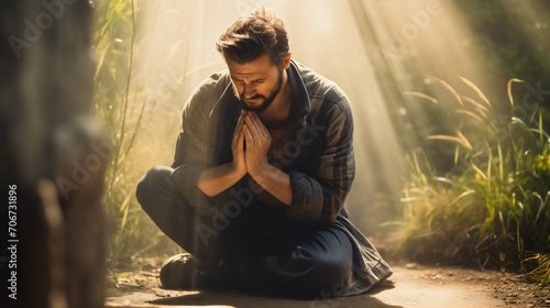 Man praying with his hands clasped, humble male person, guy kneeling down outdoors in nature, sun rays in the background. Spiritual peace, Christian believer, Biblical hope, asking for forgiveness