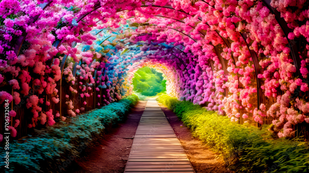 Tunnel of flowers with pathway leading to the end of the tunnel. Tunnel of flowers with pathway leading to the end of the tunnel.