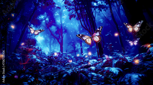 Two butterflies flying in the air over forest filled with grass and rocks.