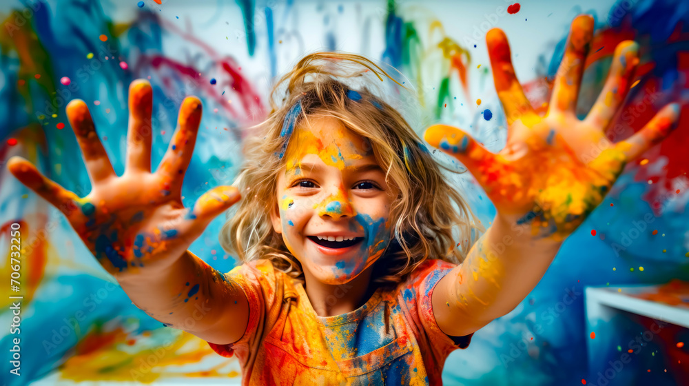 Obraz premium Little girl with her hands in the air with paint all over her.