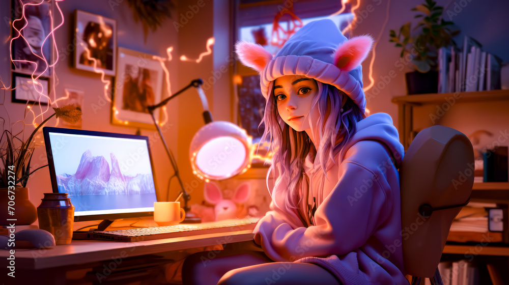 Obraz premium Girl sitting at desk in front of laptop wearing cat hat.