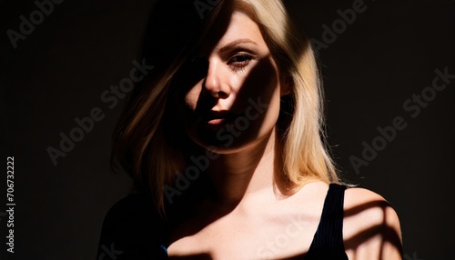 Portrait of beautiful and blonde woman in the shadow. © fitpinkcat84
