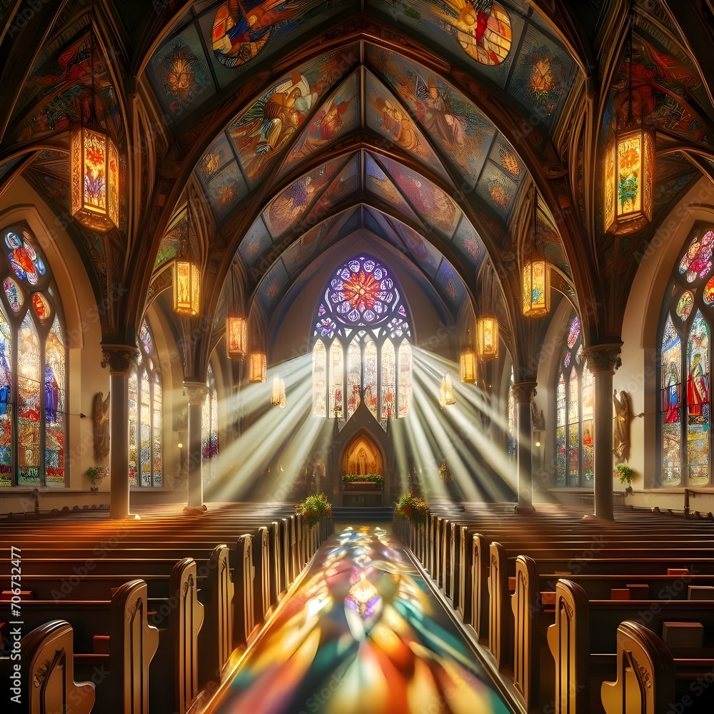 Sunbeams streaming through colorful stained glass windows onto pews decorated for Easter service