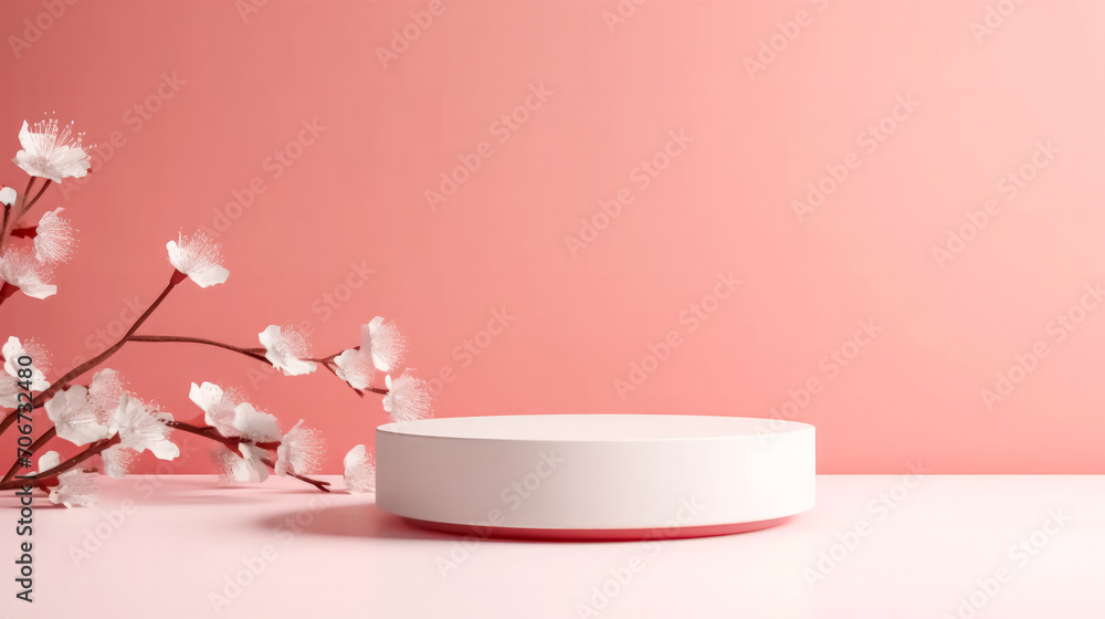 Elegant white podium standing on a serene beige background Elegant white podium standing on a serene beige background