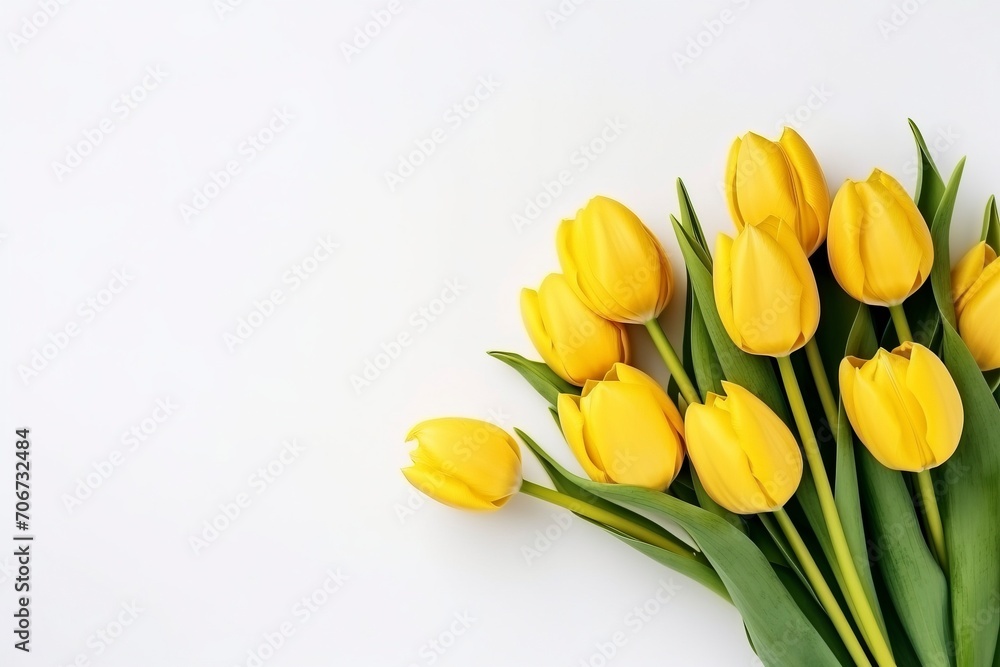bouquet of beautiful yellow tulips on white background, flat lay and copy space - generative ai bouquet of beautiful yellow tulips on white background, flat lay and copy space - generative ai