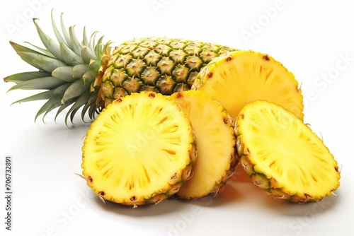 Isolated, white background. Whole and sliced pineapple with leaves. Detailed depth of field. Generative AI