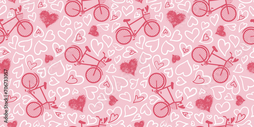 Romantic seamless pattern with bicycle, hearts. Love print, Valentine's Day ornament for fashion textile, wrapping paper. Love background. Vector print
