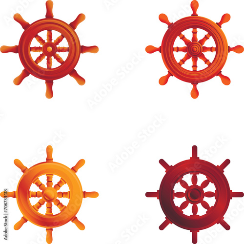 Ship helm icons set cartoon vector. Various boat steer ship steering wheel. Boat and yacht retro wheel