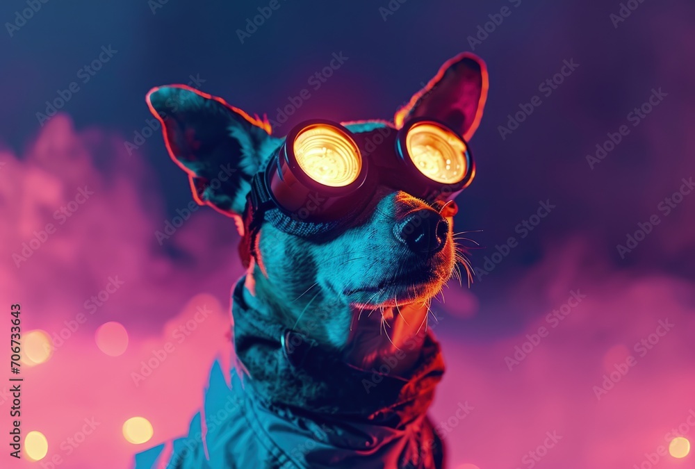 Dog Wearing Goggles in Front of Purple Background. Generative AI.