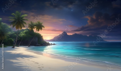 beach on the background of tropical trees and rocks, evening atmosphere, landscape