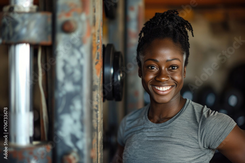 A radiant woman stands confidently, her warm smile inviting the viewer to join her in her indoor workout, adorned in stylish clothing and holding a dumbbell photo