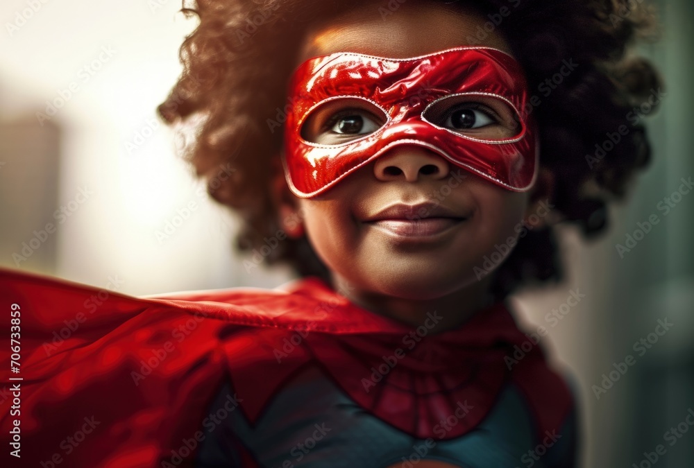 Little Girl Wearing Red Mask and Cape. Generative AI.