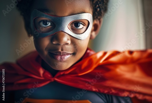 Young Boy Dressed as Super Hero. Generative AI.