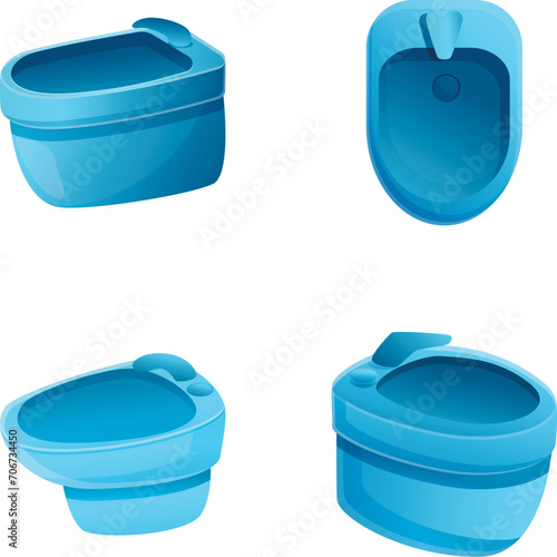Home bidet icons set cartoon vector. Ceramic toilet bowl and bidet. Plumbing, lavatory equipment