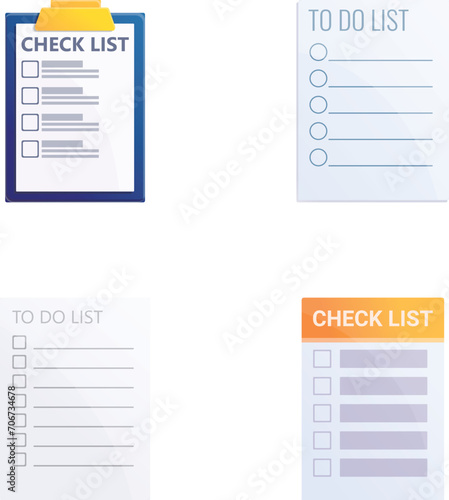 Check list icons set cartoon vector. Daily check list. Planning and execution control