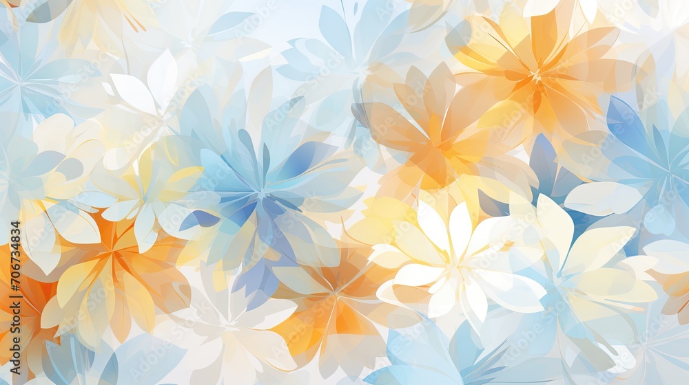 Abstract illustration of layers of translucent white, blue and orange flowers Abstract illustration of layers of translucent white, blue and orange flowers