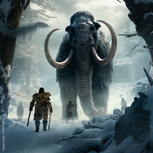 Primitive hunters facing a huge mammoth in a frozen environment 