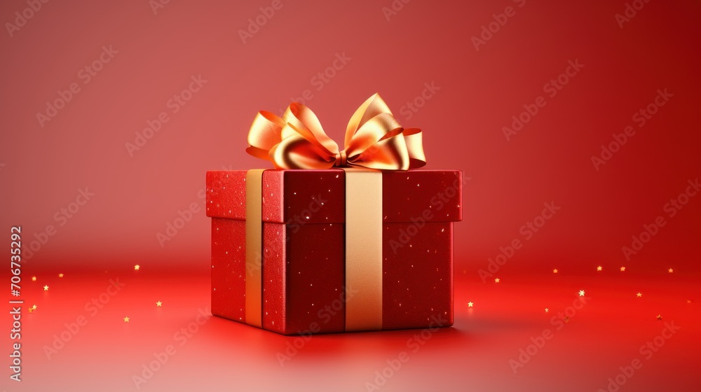 gift red box with a gold bow, red blur background. mock-up, isolated, copy space, defocus, soft focus.concept for February 14, Valentine's Day, gift gift red box with a gold bow, red blur background. mock-up, isolated, copy space, defocus, soft focus.concept for February 14, Valentine's Day, gift